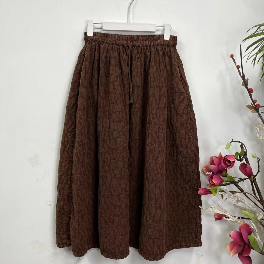 花璟原创设计炒色做旧纯色压纹松紧腰半裙（裙长86腰围70-110）