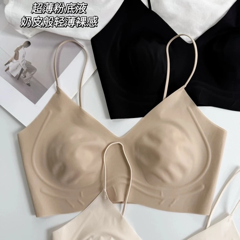 超薄无痕粉底液兔耳杯内衣女大胸显小胸细肩带隐形文胸背心式胸罩