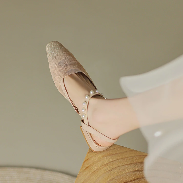 仙女风网纱珍珠一字带后空单鞋百搭休闲包头罗马凉鞋2025夏季新款