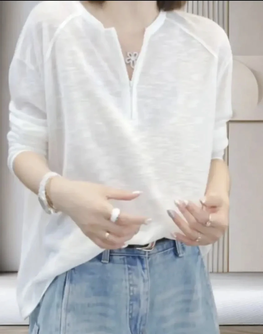 【氧气女生】夏季圆领百搭防晒薄款宽松显瘦慵懒风时尚长袖上衣2539