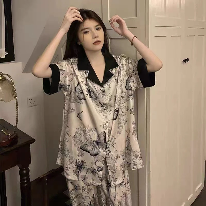 睡衣夏季女舒适丝滑冰丝短袖长裤高级感春秋水墨画家居服套装