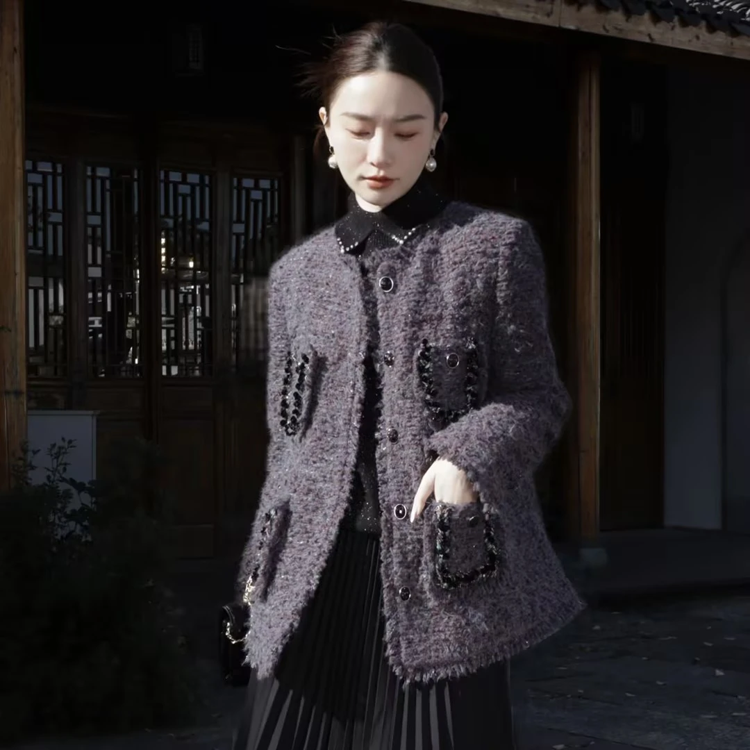 HELA AOMI “炫彩灰紫”鹅绒+绵羊毛小香风流苏羽绒服CY5DC47765