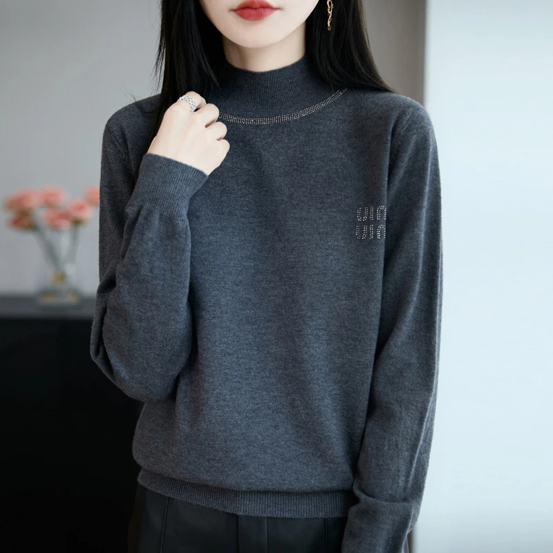 哥弟阿玛施正品2025秋季新款韩版女上衣半高领字母镶钻长袖针织衫