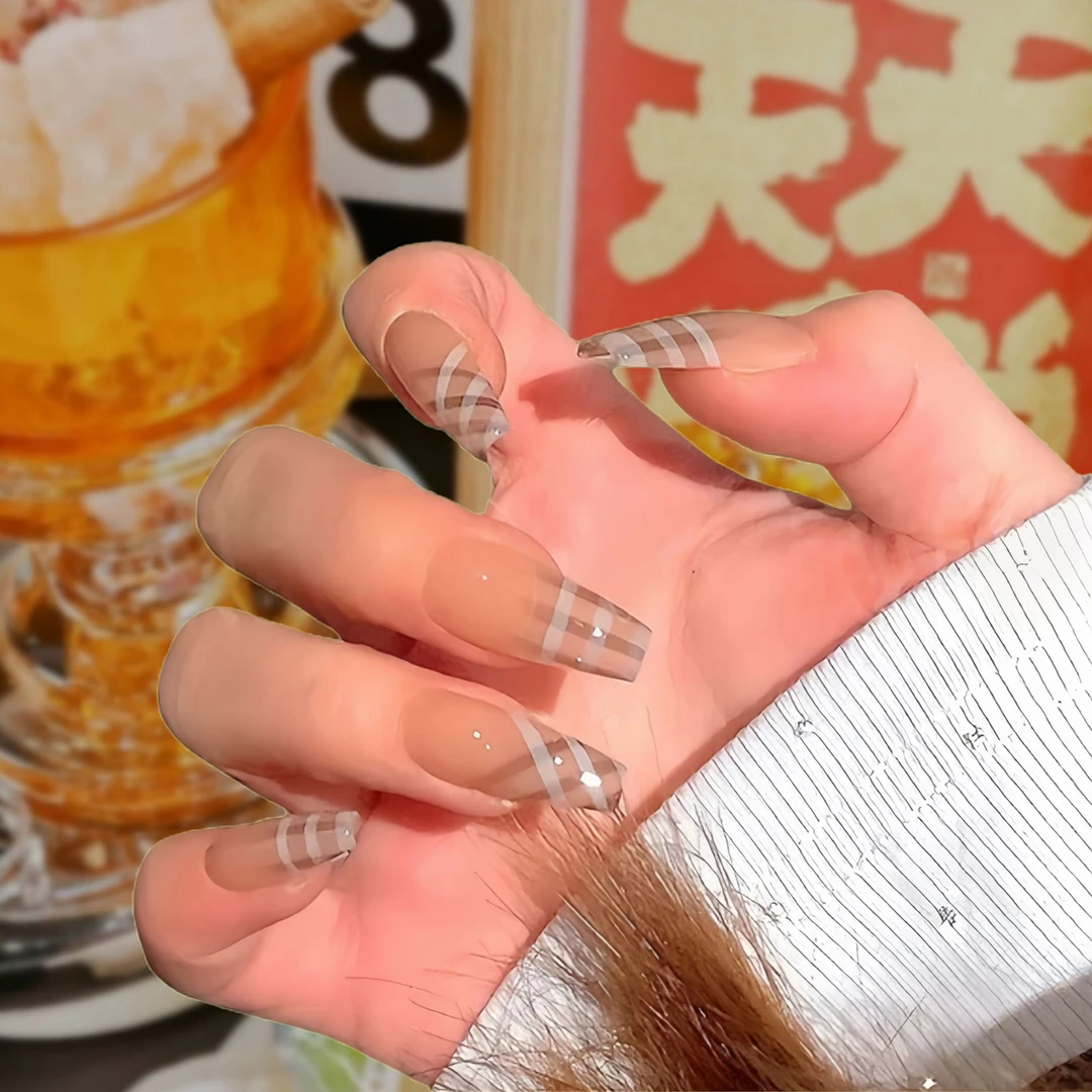 【蓝色格子】纯手工穿戴甲手绘格纹百搭设计可拆卸新款美甲穿戴甲片