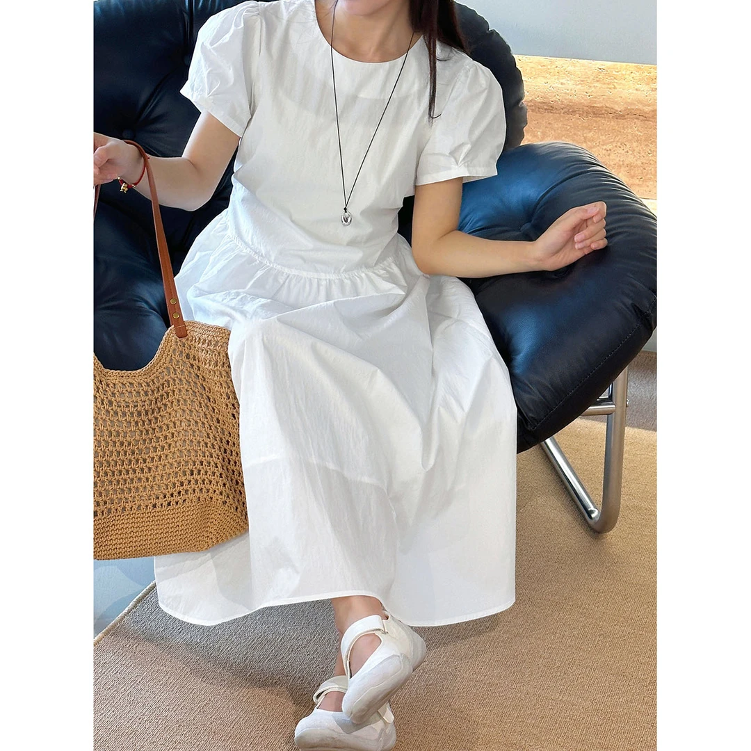 清冷甜酷子川拼接大摆连衣裙女25夏款法式收腰显瘦短袖长裙e1865