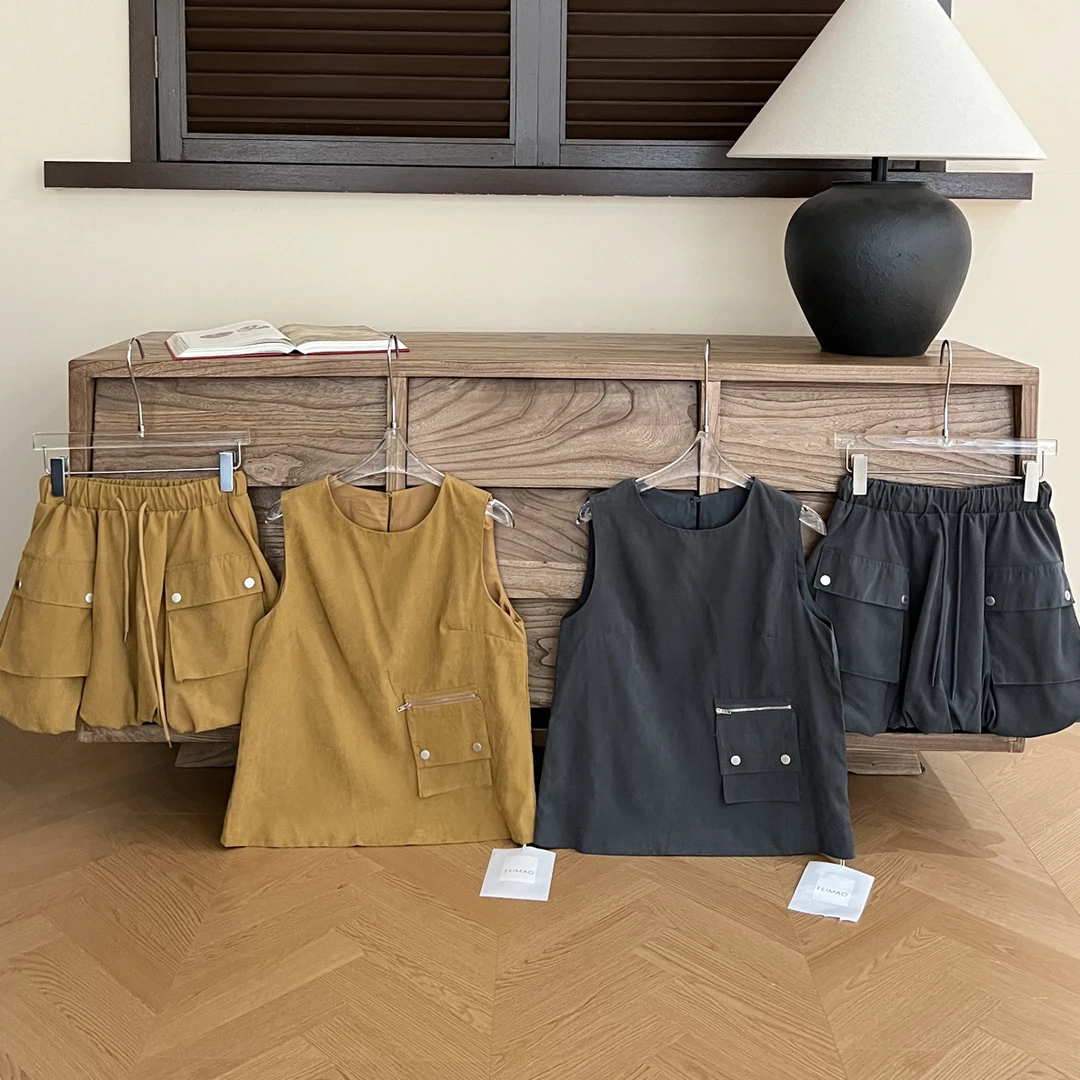 【赵小小yimao】7535 秋季全亚麻工装休闲背心上衣+重工花苞半身裙