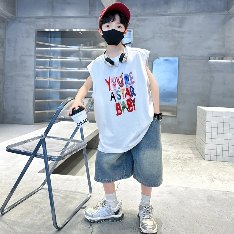 男童夏装套装儿童无袖T恤中大童背心2025新款夏季薄款两件套潮酷