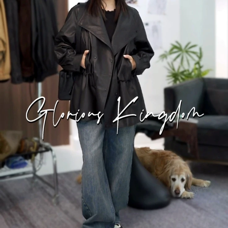 GK【乌石】质感大翻领抽褶女士真皮西装领风衣百搭极简高级感L-5065