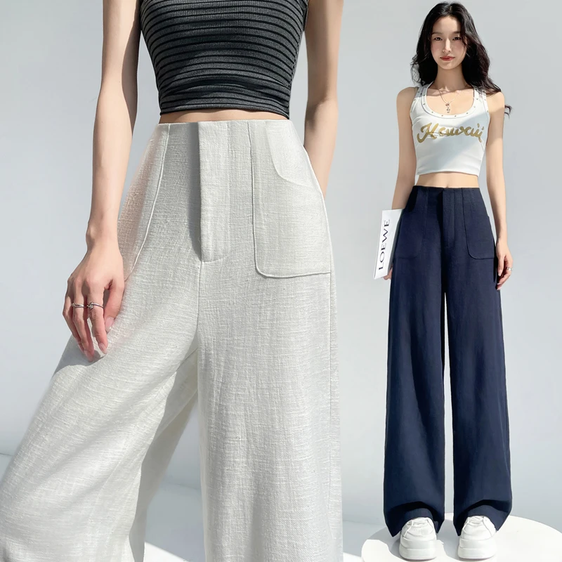 白色棉麻阔腿裤女2025夏季高腰垂感老风西装直筒休闲拖地裤