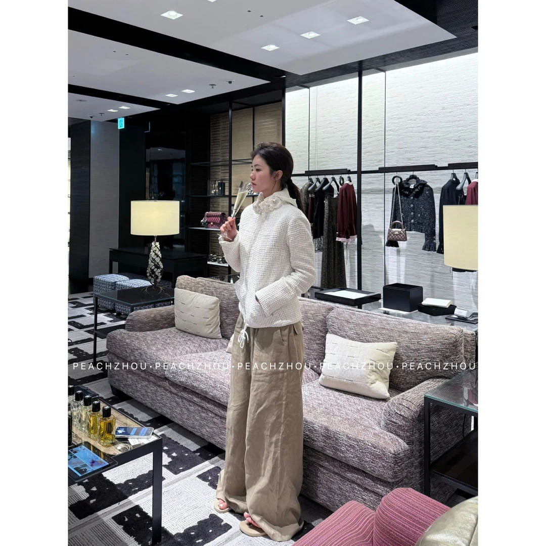 『PEACHZHOU』100亚麻卡其可调节腰围宽松直筒休闲裤极简老钱阔腿裤