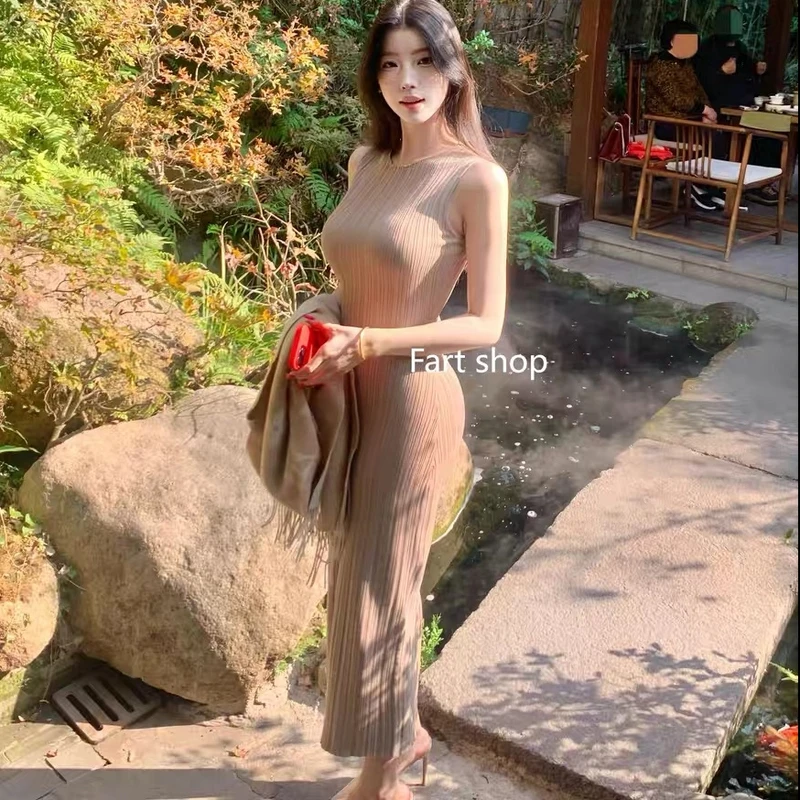 春季夏季新款性感修身包臀长裙纯欲肌理感无袖收腰显瘦女毛针织衫
