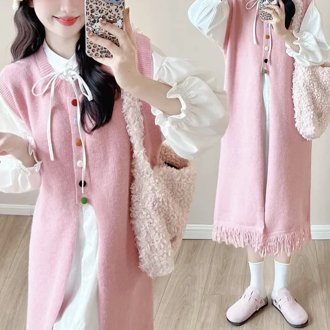 1930 单排扣流苏针织马甲背心坎肩秋季新款无袖连衣裙子毛衣