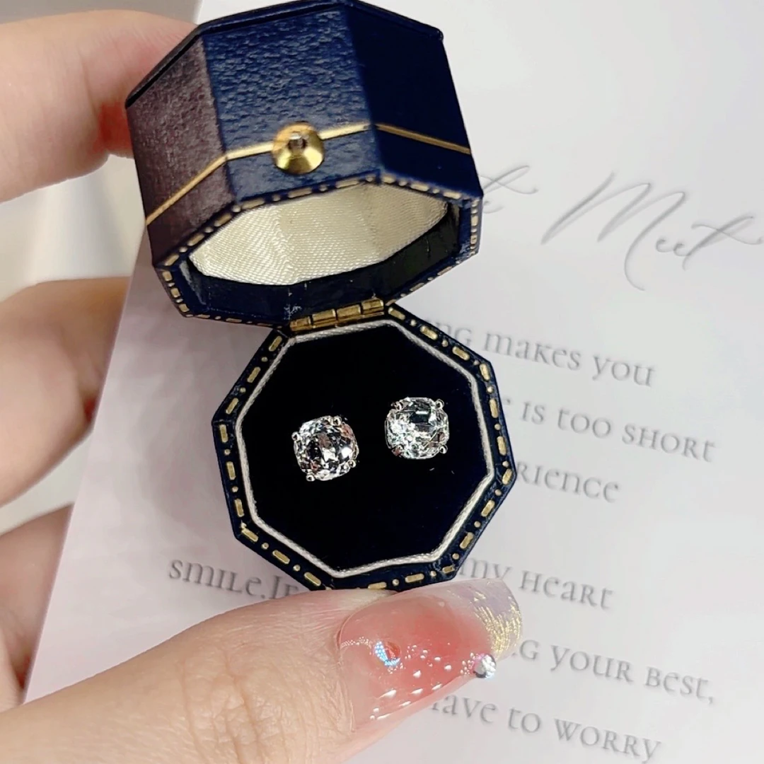 天然白水晶玫瑰切耳钉  主石6*6mm/2粒   S925银镶