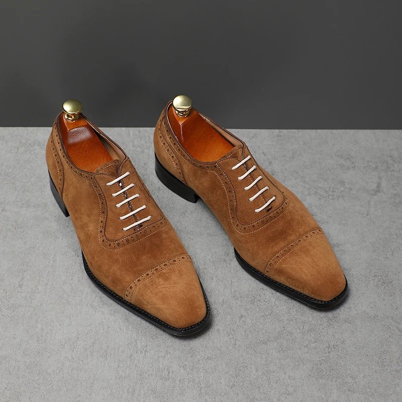 【全皮底】男爵世家胎牛反绒真皮方头阿德莱德牛津鞋布洛克时尚男鞋