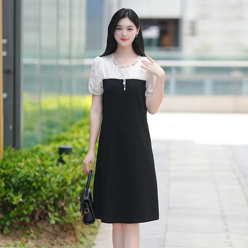 夏季新款气质小黑裙显瘦连衣裙中长款拼色减龄中长裙裙子女