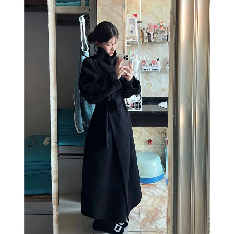 经典黑色复古炸街飒气立领绑带毛呢大衣女冬季2024年新款韩系外套