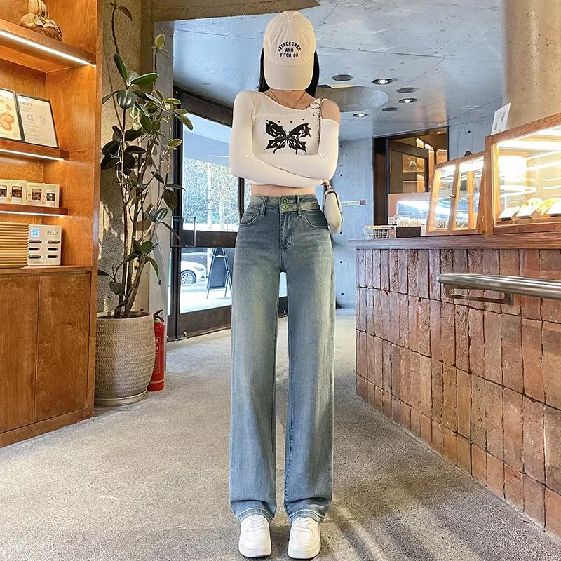 春季新款高腰窄版直筒裤遮肉显瘦百搭双扣女士牛仔裤休闲女裤