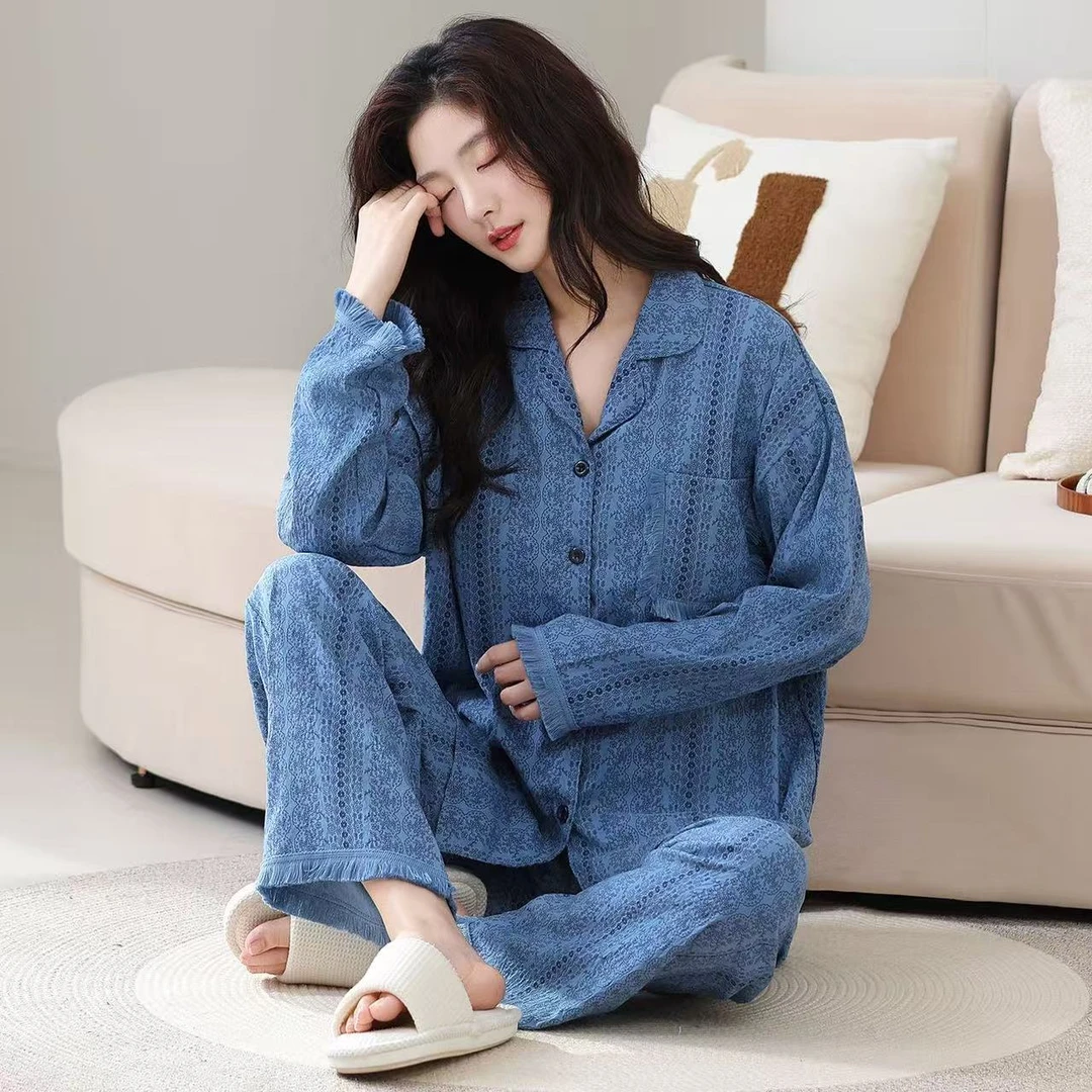 100%纯棉带胸垫睡衣女士春秋季长袖长裤2025新款可外穿家居服套装