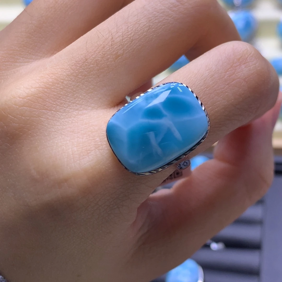 针钠钙石（海纹石）银S925镶嵌戒指方戒指色差略异