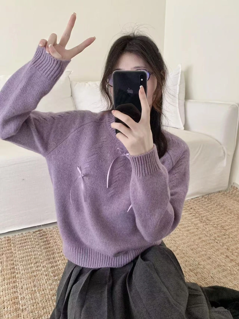 七言家 紫罗兰小清新蝴蝶结毛衣