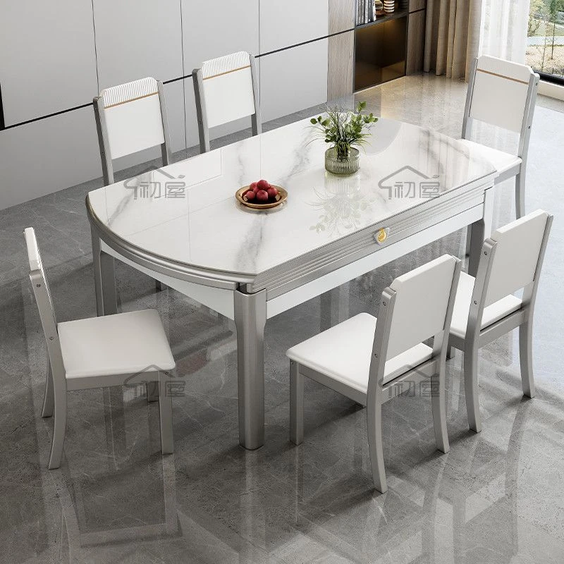 啊初屋 餐桌 伸缩折叠实木餐桌椅组合现代轻奢岩板桌面吃饭桌子餐