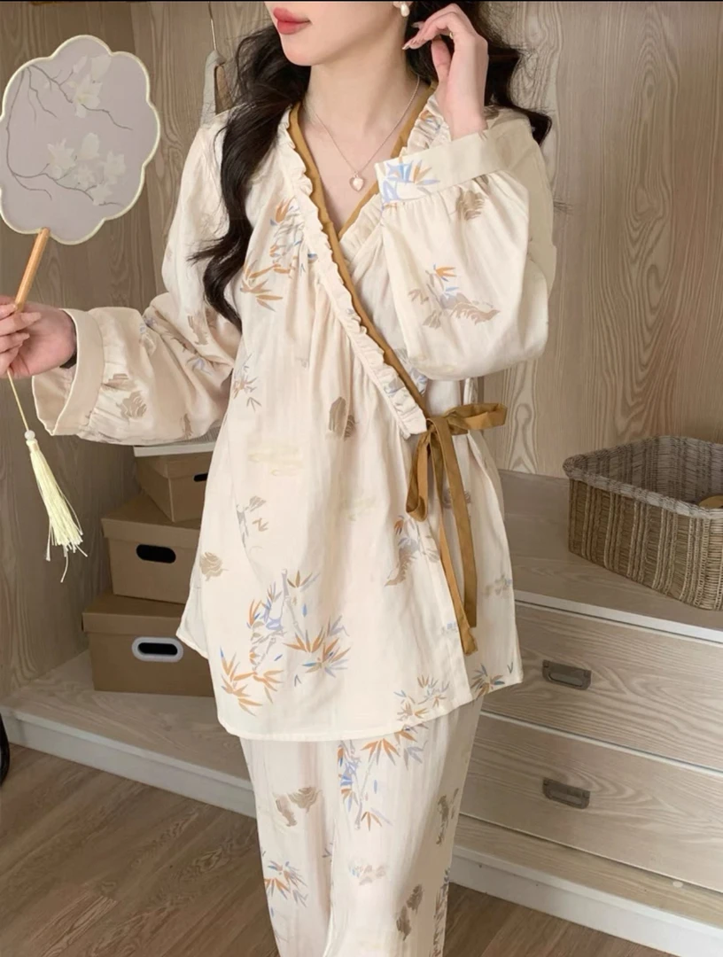 双纱棉套装女士棉纱睡衣套装长袖柔软四季棉纱家居服套装休闲外穿