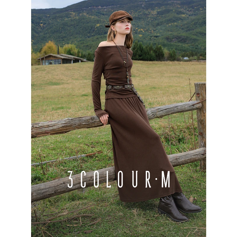 三彩2025春季新款两件套荡领套头长袖高腰A字半身裙美拉德套装女M