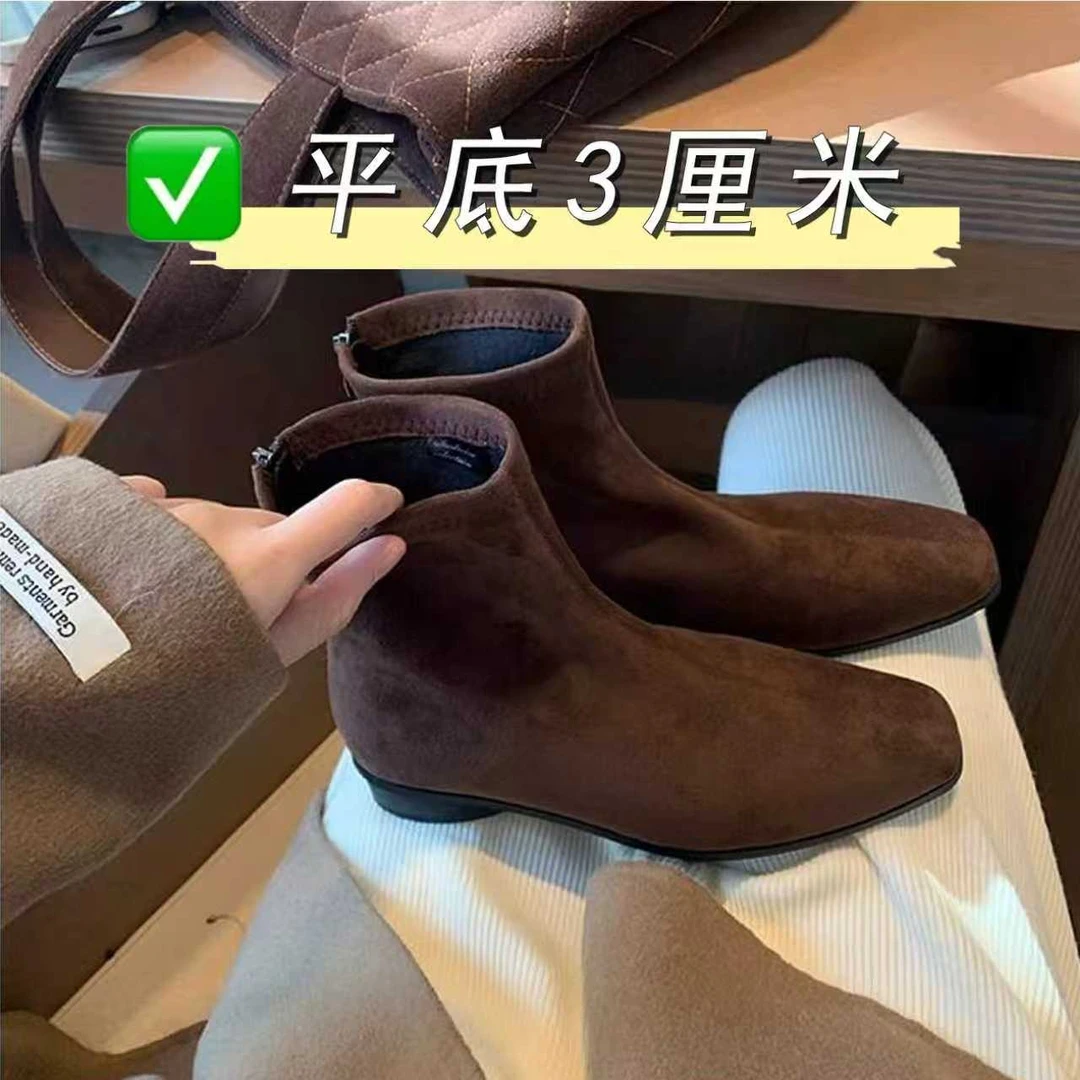 艾可妙【3公分】法式方头复古棕色绒面粗跟短靴女后拉链平底马丁靴