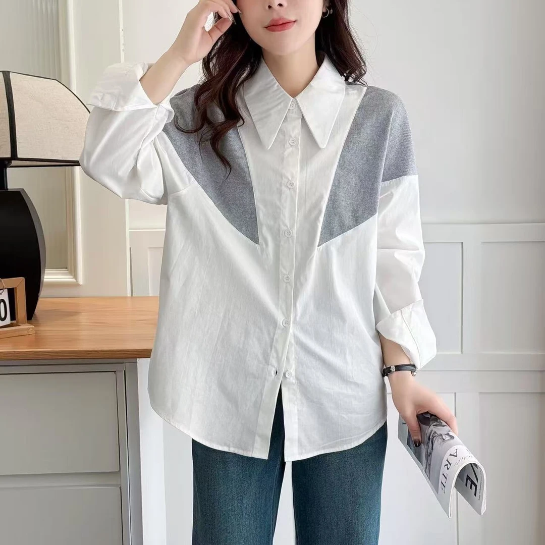 复古文艺撞色Polo领条纹长袖衬衫衬衣春装新款时尚通勤百搭上衣