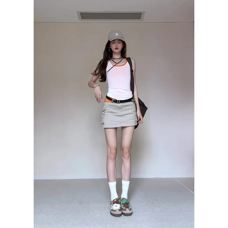 美式辣妹吊带背心瘦外穿叠穿无袖上衣个性口袋工装短裙a字裙半裙