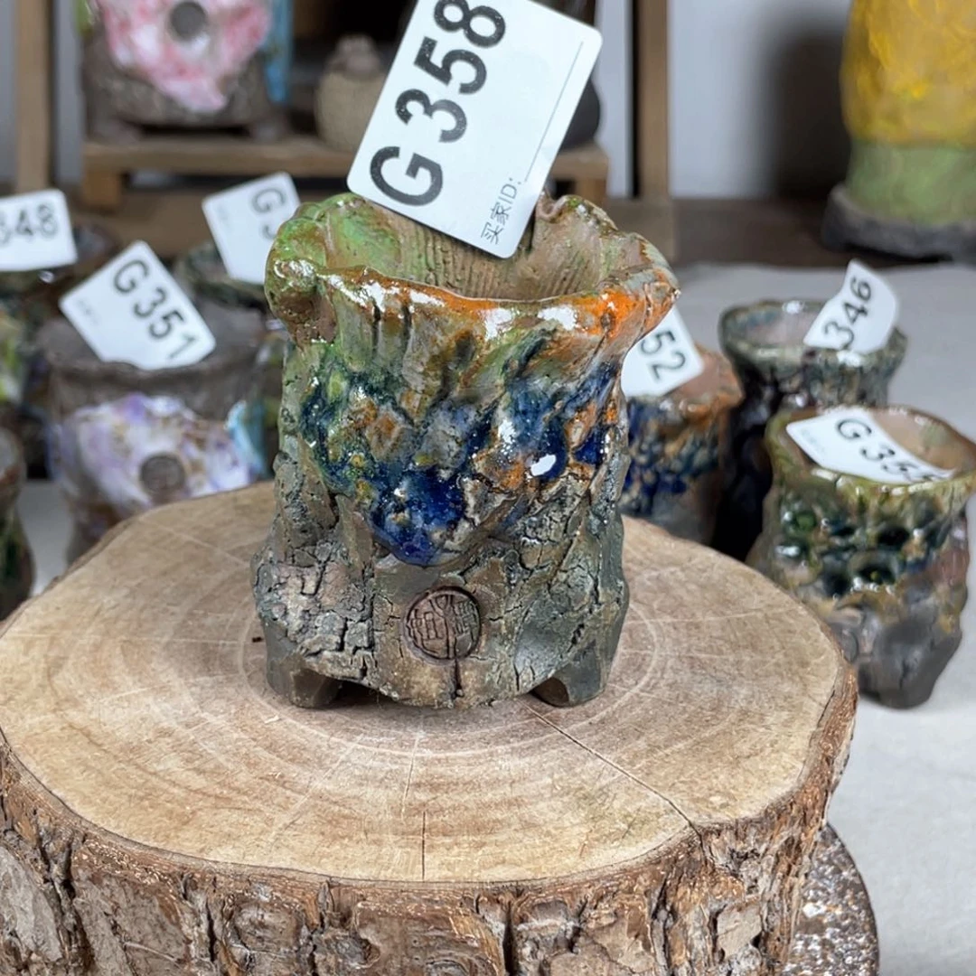 紫砂花盆孤品 不规则油画山石小老桩 内口5