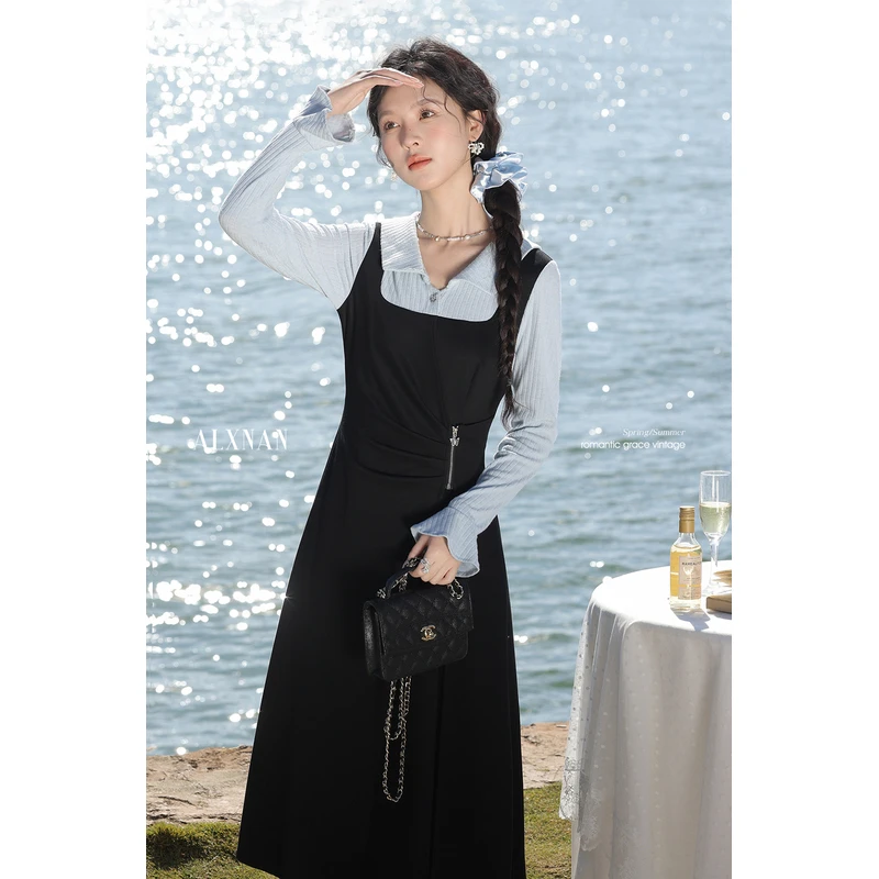 鹿向南「微调蓝雾」气质假两件连衣裙2025春季新款女装拼色裙子