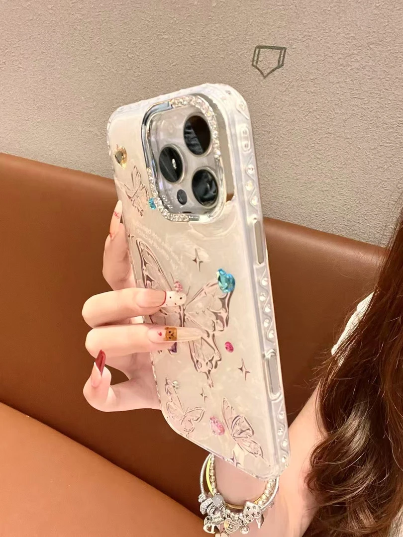 【闪钻边框】贝壳纹蝴蝶图案手机壳适用苹果17pm/16pro/15pro/14/13