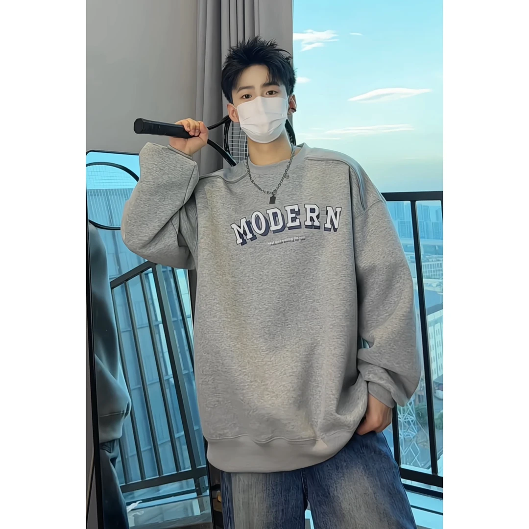 美式重磅圆领卫衣男士秋季高街潮牌情侣休闲外套长袖印花宽松上衣