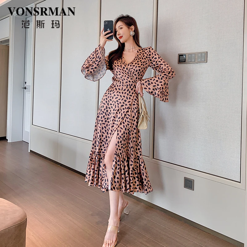 v领荷叶边连衣裙女2025春季新款法式气质豹纹时尚优雅收腰长裙子