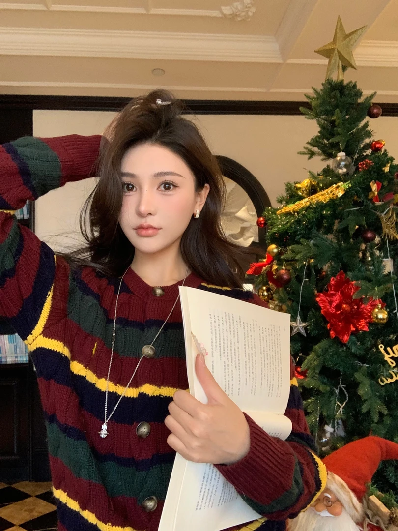 【小花专属】韩版气质条纹撞色条纹长袖针织开衫外套女秋冬新款上衣