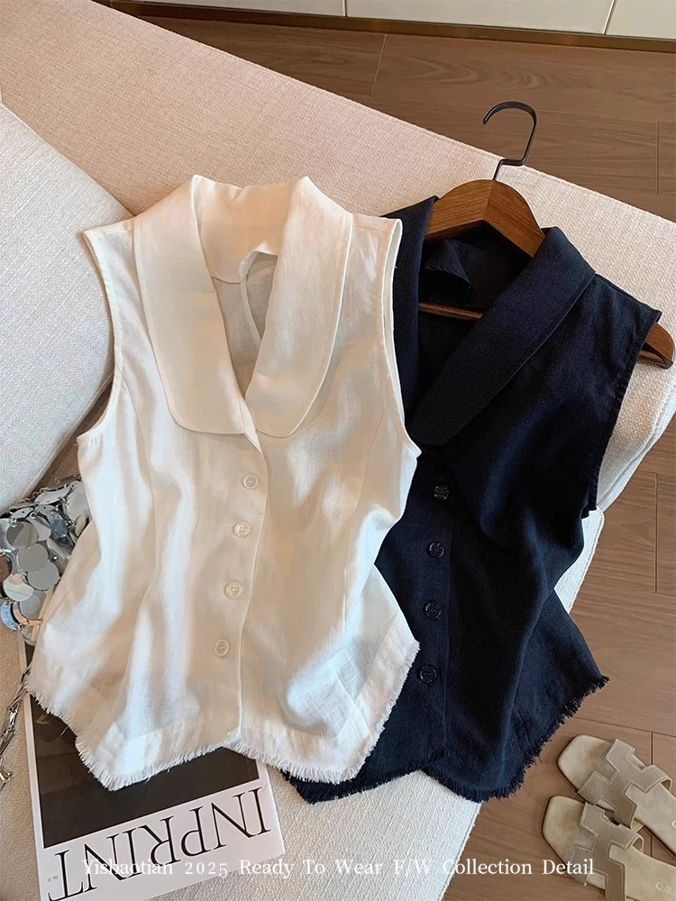 老钱风流苏翻领无袖衬衫上衣女夏季新款时尚气质减龄显瘦百搭背心