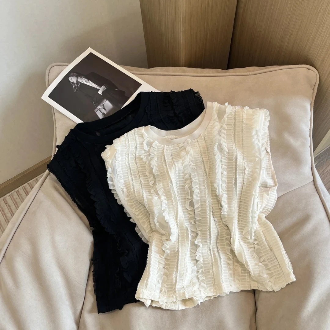 法式设计感木耳花边短袖衬衫女夏新款圆领洋气减龄飞飞袖雪纺上衣