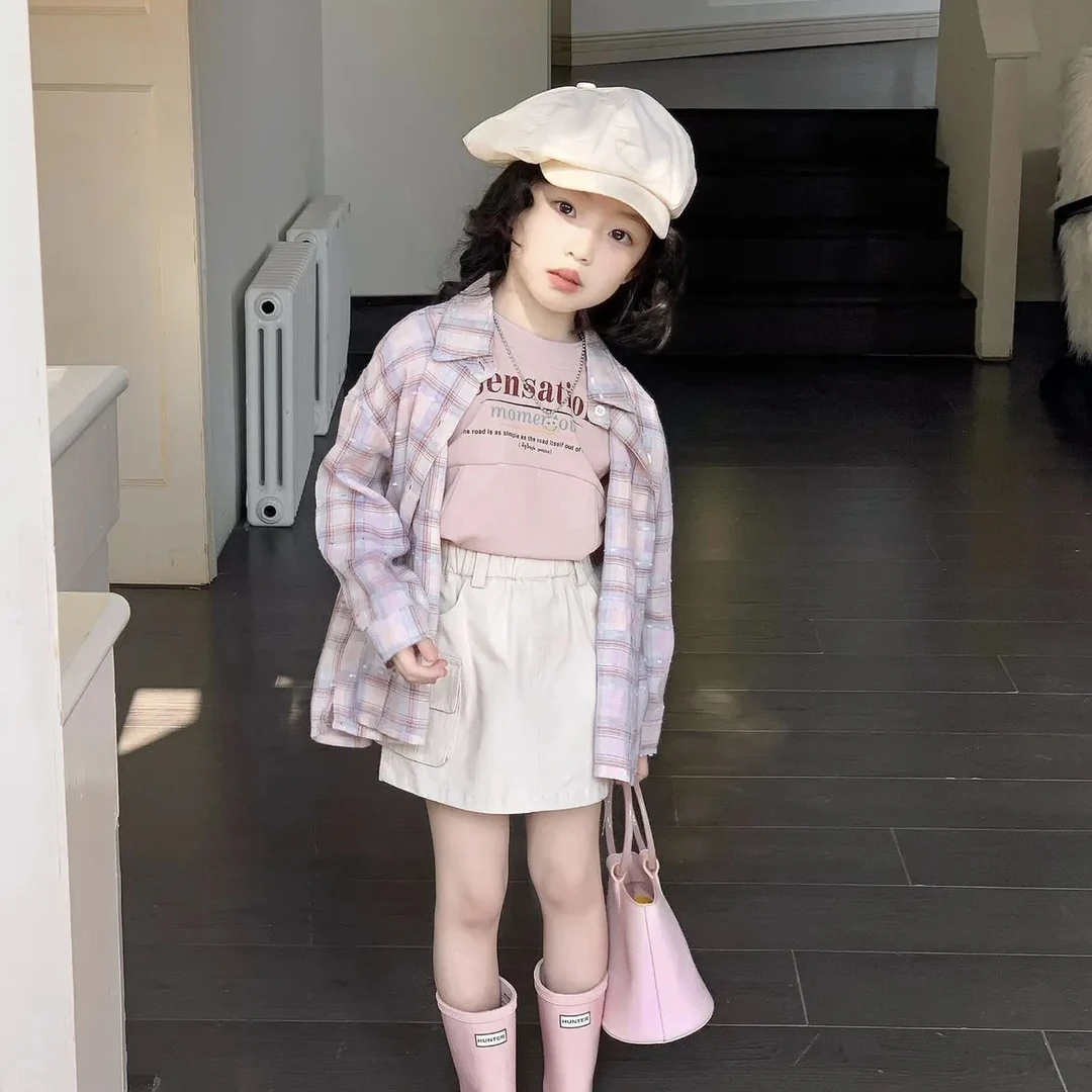 2025春款女童衬衫提花格子儿童休闲薄款长袖外套软糯百搭