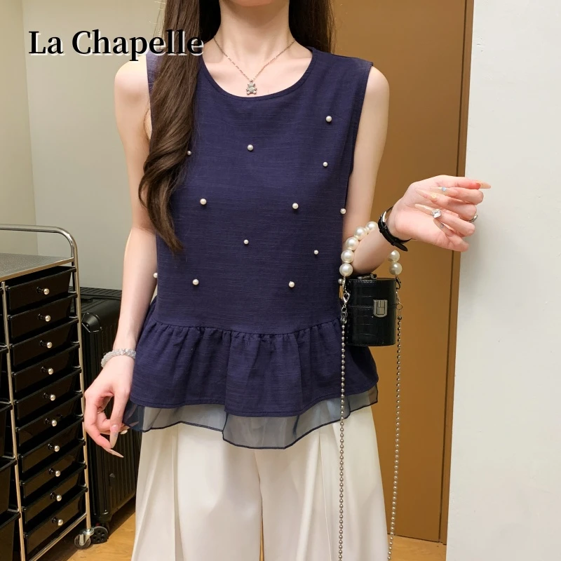 拉夏贝尔夏季新款重工钉珠拼接蕾丝蝴蝶结无袖上衣女亚麻衬衫背心