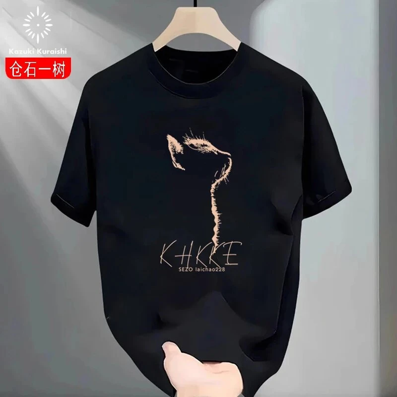 仓石一树美式复古猫咪印花短袖t恤男夏季款宽松百搭休闲半袖上衣