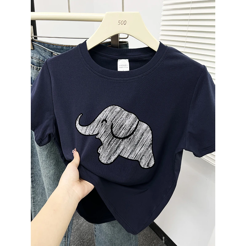 黑色圆领短袖t恤女夏2025新款时尚正肩显瘦内搭打底衫小个子上衣