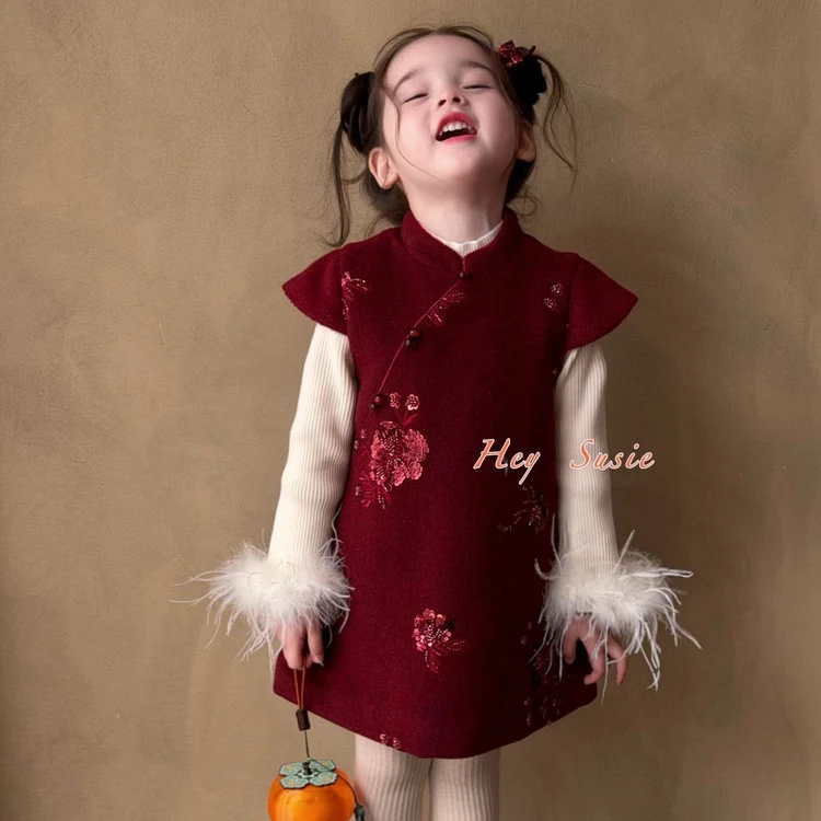 女童新中式套装2025秋冬新款洋气加绒加厚女宝宝连衣裙旗袍裙套装