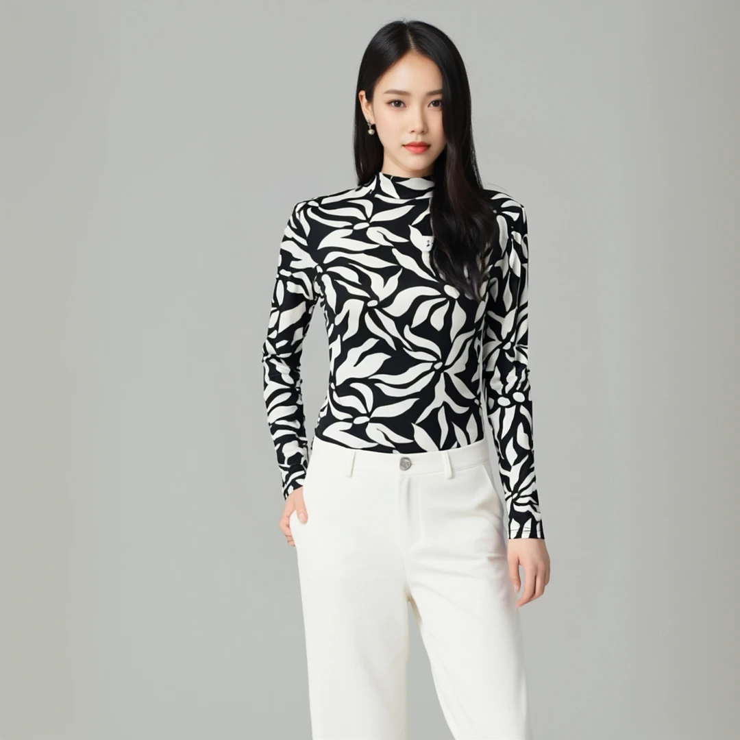 C409长袖修身半高领打底衫印花百搭上衣