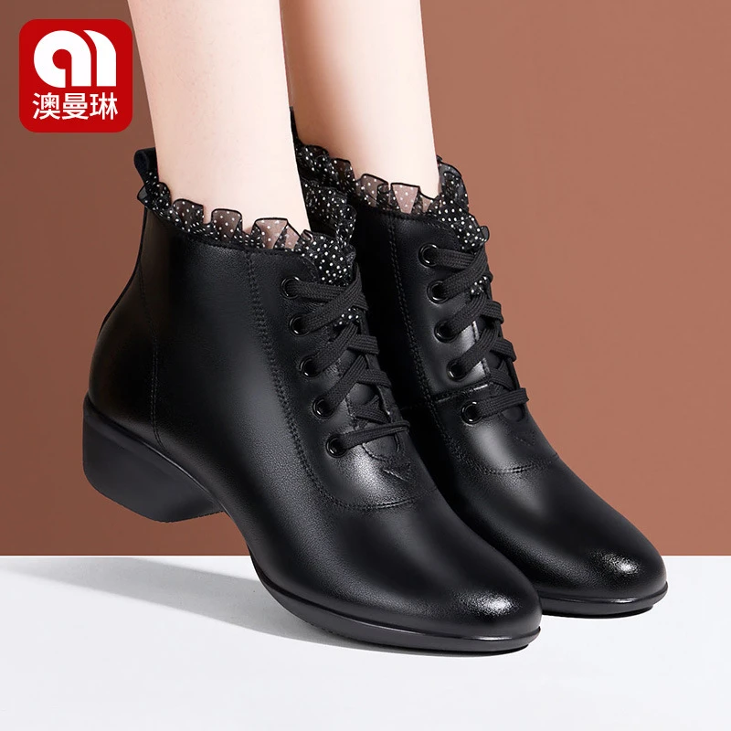 冬季跳舞鞋加绒高帮成人水兵女士拉丁舞表演真皮新款广场底舞蹈鞋