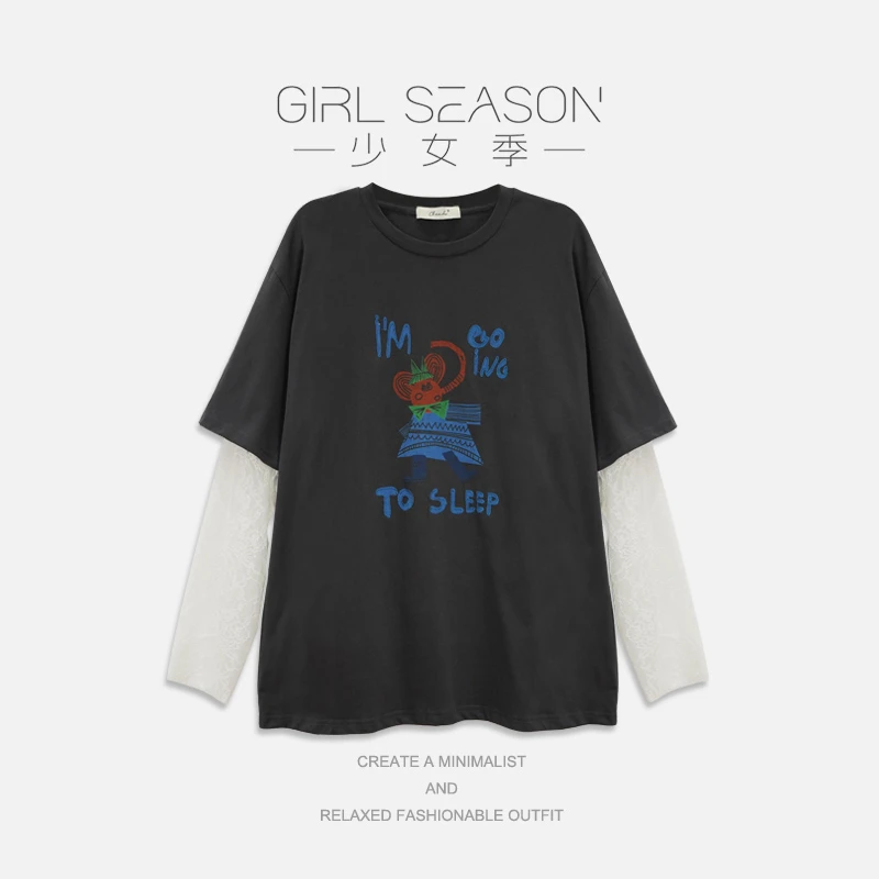 少女季【困了】蕾丝圆领t恤夏季休闲宽松显瘦百搭上衣WC1988427