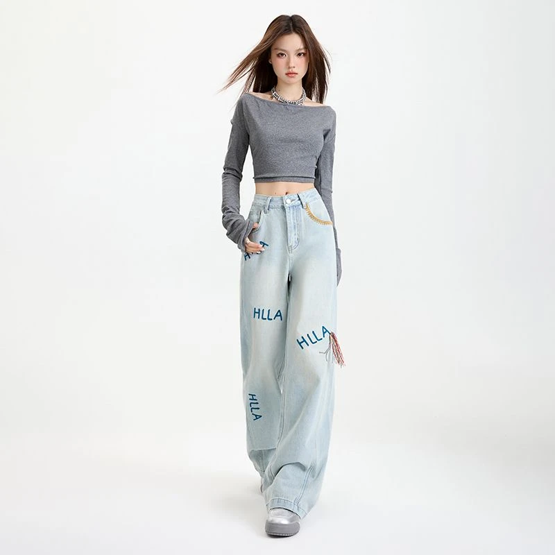 字母刺绣弯刀阔腿牛仔裤女2025年早春新款高腰显瘦设计感拖地裤子