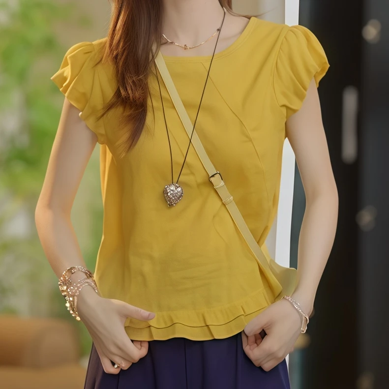 韩系木耳边花苞袖时尚潮小衫女夏季2025新款减龄蓝色短袖衬衫上衣