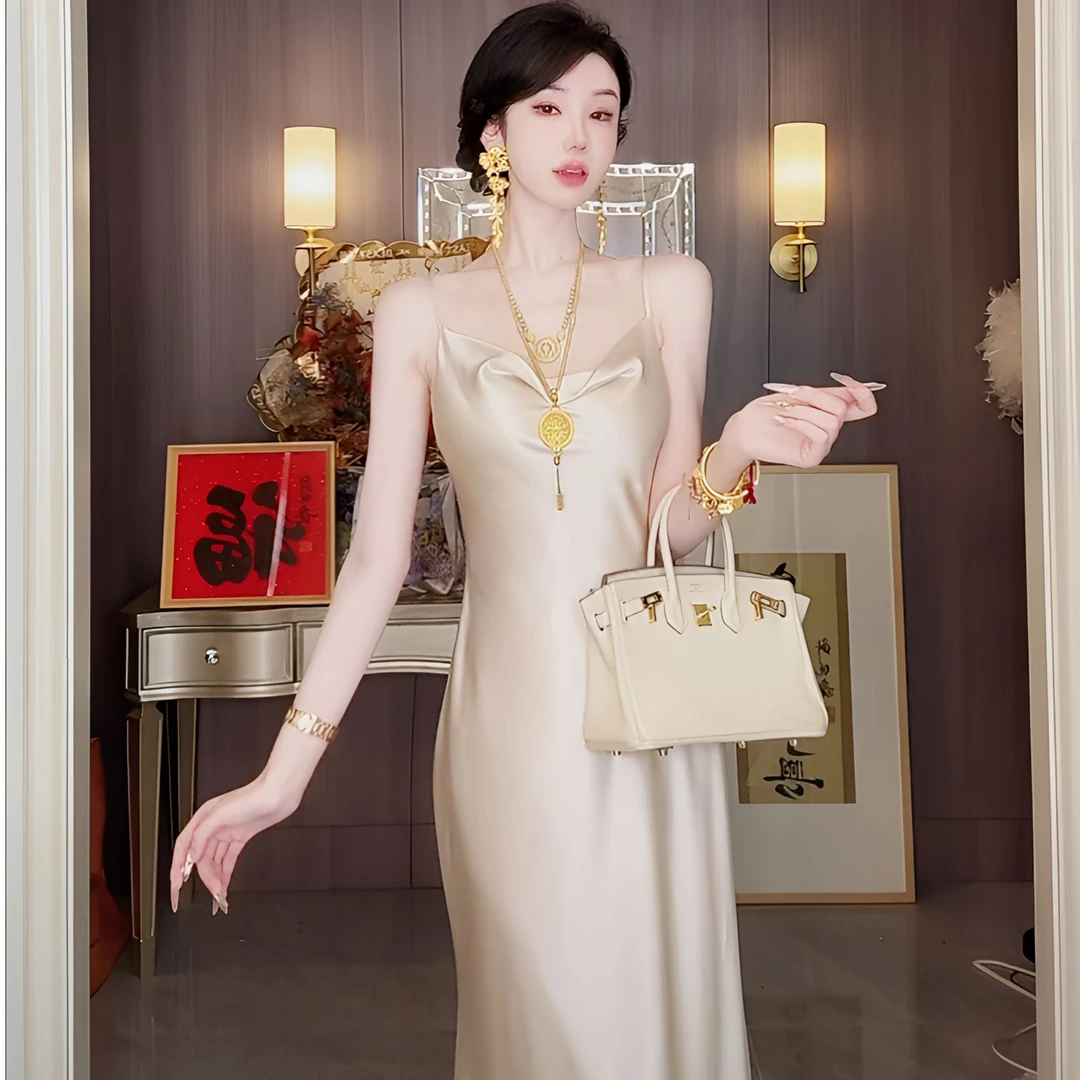 【雅乔定制】我见犹怜 荡领醋酸吊带连衣裙长裙DYYK-24112105