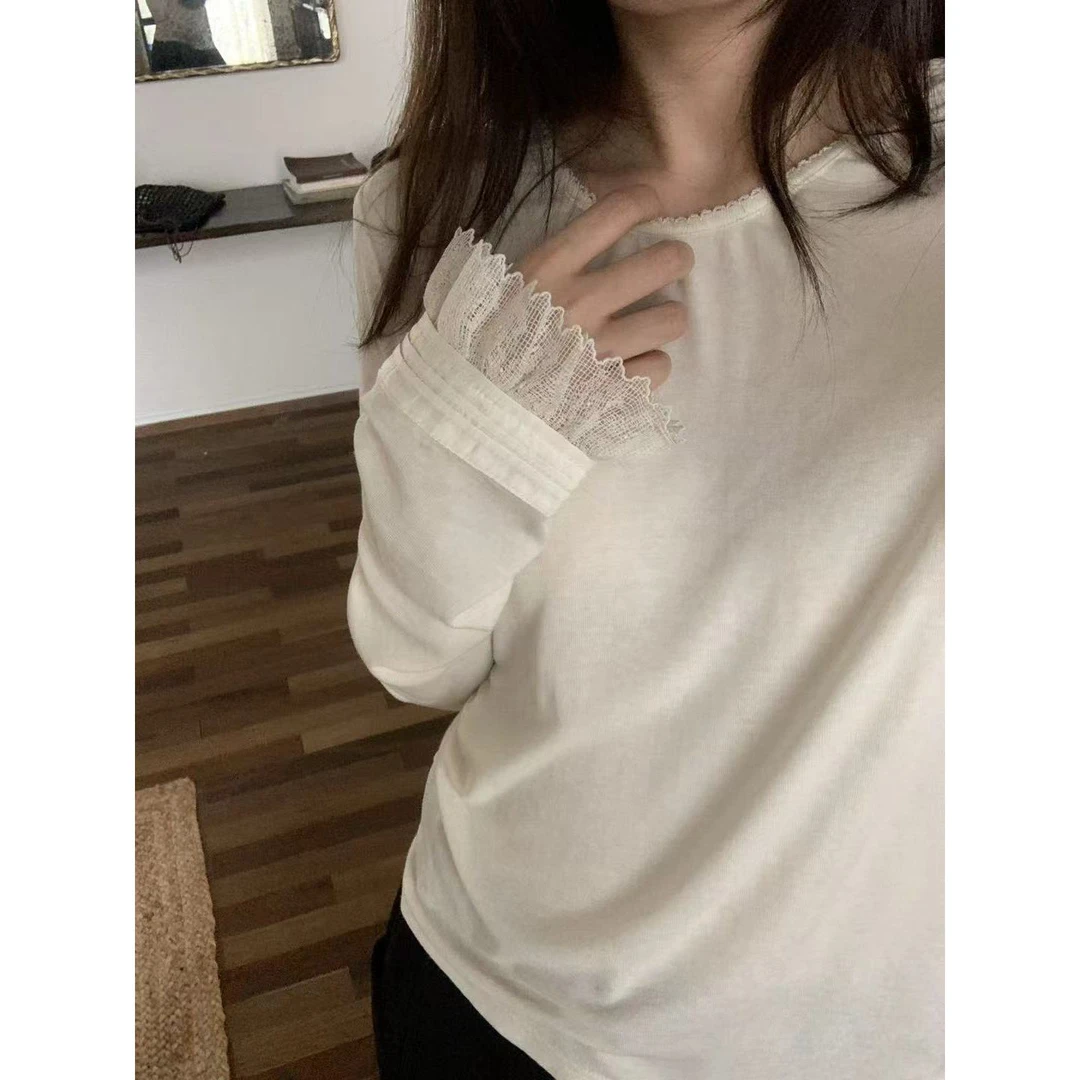 L-68227#OUUR#『68%莱赛尔32%羊毛』精致蕾丝拼接长袖上衣(福利)